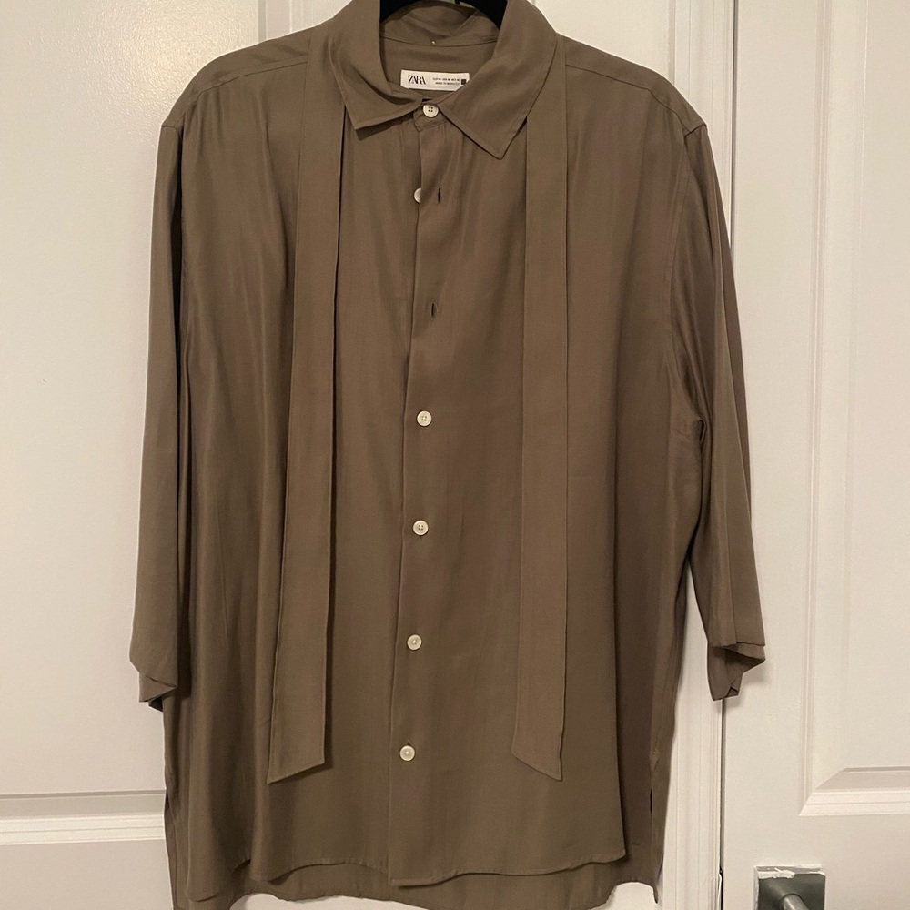 Zara Taupe Button-Up Blouse with Collar
